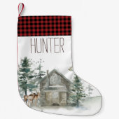 ウッドランドフォレストディアコテージレッドプレイド名 スモールクリスマスストッキング (正面)