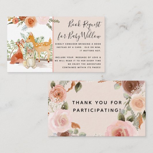 ウッドランドフォレストディアベアフローラ赤ちゃんシャワー本 名刺 (正面/裏面)