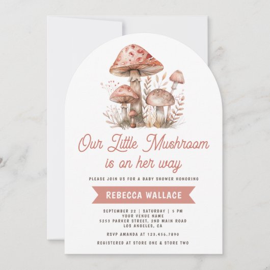 ウッドランドフォレストピンクマッシュルームアーチベビーシャワー 招待状 (正面)