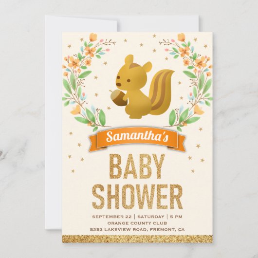 ウッドランドフォレストフローラかわいいリスの赤ちゃんシャワー 招待状 (正面)