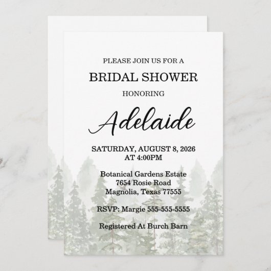 ウッドランドフォレストブライダルシャワーグリーン 招待状 (正面/裏面)