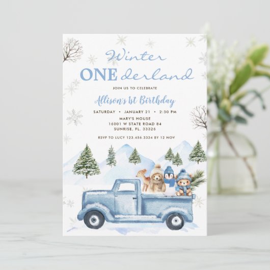 ウッドランドフォレストブルートラックワンダーランド1歳の誕生日 招待状 (スタンド正面)