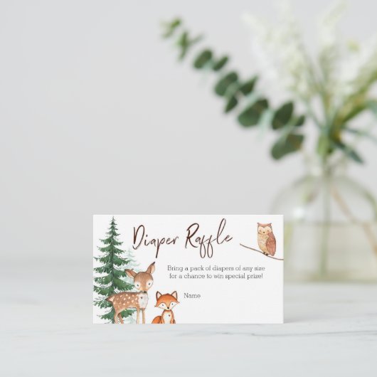 ウッドランドフォレストベビーシャワー – おむつラッフルカード エンクロージャーカード (スタンド正面)