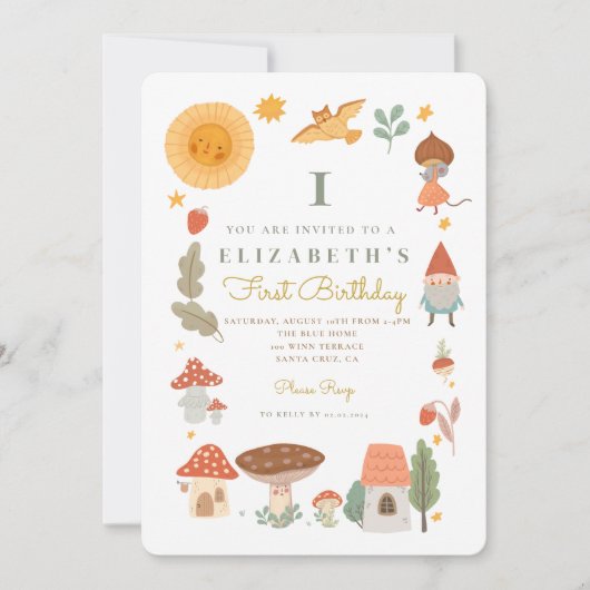 ウッドランドフォレストマッシュルームファースト誕生日招待状 招待状 (正面)