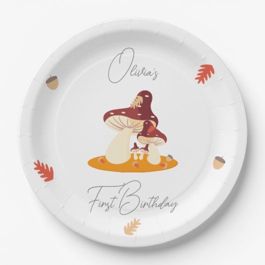 ウッドランドフォレストマッシュルームファースト誕生日 ペーパープレート (正面)