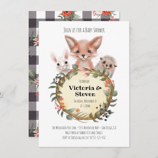 ウッドランドフォレストログベビーシャワー水彩 招待状 (正面/裏面)