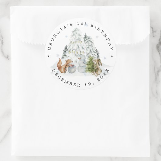 ウッドランドフォレスト冬の誕生日パーティーありがとう ラウンドシール (バッグ)