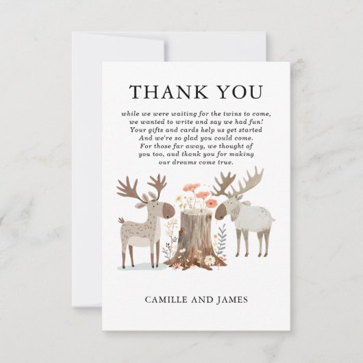 ウッドランドフォレスト動物双子ベビーシャワーありがとう サンキューカード (正面)