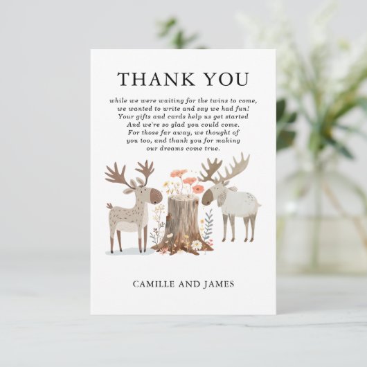 ウッドランドフォレスト動物双子ベビーシャワーありがとう サンキューカード (スタンド正面)