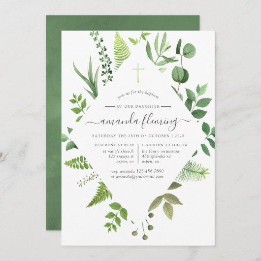 ウッドランドフォレスト緑のバプテスマまたは《キリスト教》洗礼式や命名式 招待状 (正面/裏面)