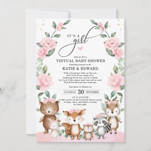 ウッドランドフォレスト赤面ピンクフラワーバーチャルシャワー 招待状 (正面)