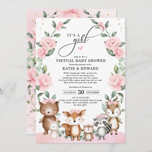 ウッドランドフォレスト赤面ピンクフラワーバーチャルシャワー 招待状 (正面/裏面)