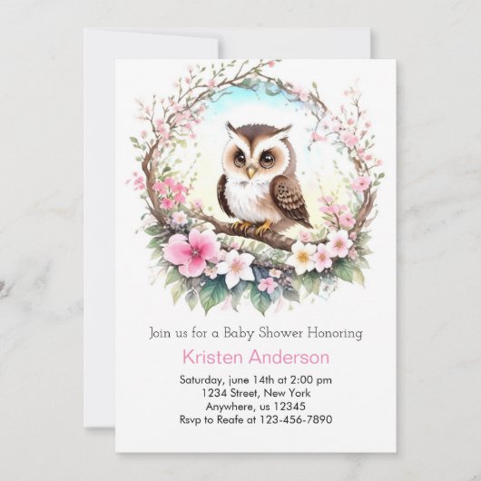 ウッドランドフクロウのピンクのフローラガールベビーシャワー 招待状 (正面)