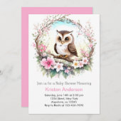 ウッドランドフクロウのピンクのフローラガールベビーシャワー 招待状 (正面/裏面)