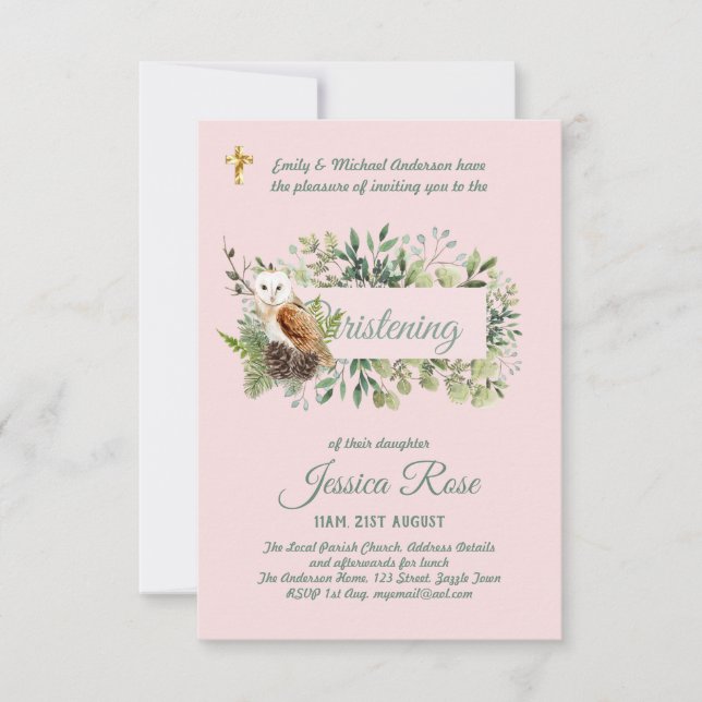 ウッドランドフクロウガールズ《キリスト教》洗礼式や命名式招待状バプテスマ (正面)