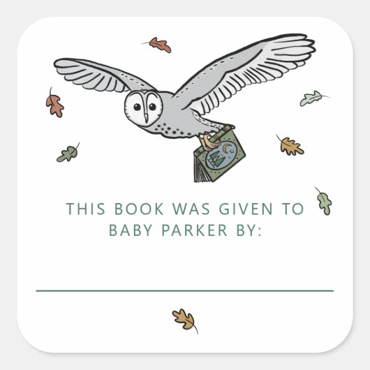 ウッドランドフクロウストーリーブックベビー蔵書票 スクエアシール (正面)