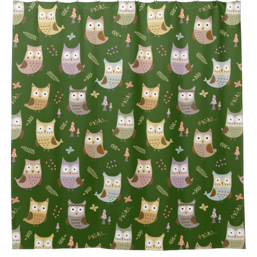 ウッドランドフクロウパターン、キッズグリーンバスルーム シャワーカーテン (正面)