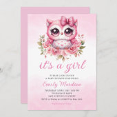 ウッドランドフクロウピンクボホフローラガールベビーシャワー 招待状 (正面/裏面)