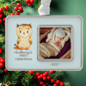 ウッドランドフクロウベビー第1回クリスマスフォトオーナメント シルバープレートフレームオーナメント