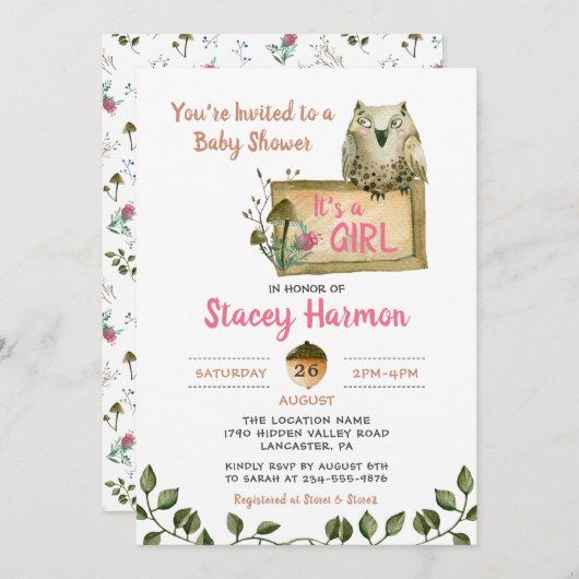 ウッドランドフクロウ女の子ベビーシャワー招待状 招待状 (正面/裏面)