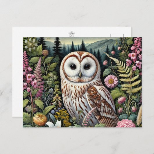 ウッドランドフクロウ葉書 | 森威厳のあるフクロウ美術 ポストカード (正面/裏面)