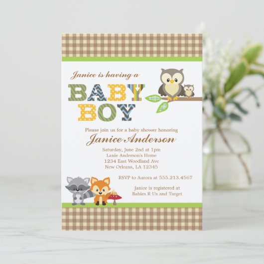 ウッドランドフクロウ赤ちゃんシャワー招待少年 招待状 (スタンド正面)