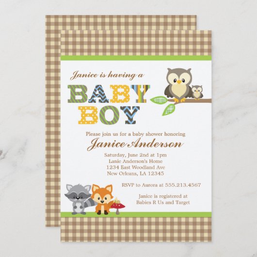 ウッドランドフクロウ赤ちゃんシャワー招待少年 招待状 (正面/裏面)