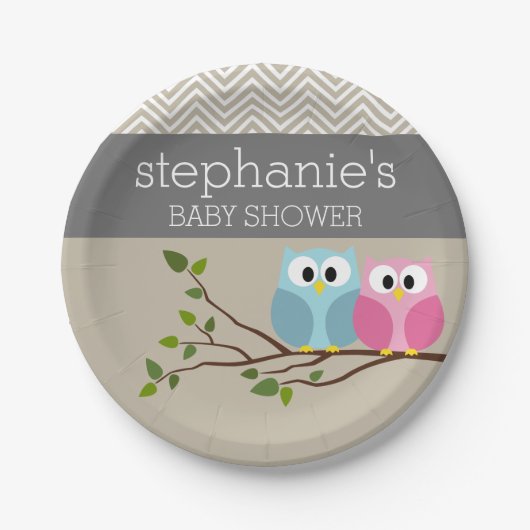 ウッドランドフクロウ赤ちゃん女の子の男の子ジェンダーがシャワーを明かす ペーパープレート (正面)