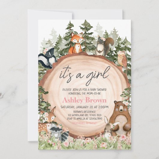 ウッドランドフローラウッドスライス赤ちゃんシャワー 招待状 (正面)