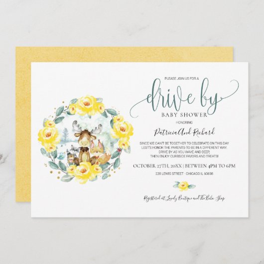 ウッドランドフローラグリーンリードライブバイベビーシャワー 招待状 (正面/裏面)