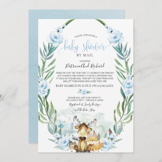 ウッドランドフローラグリーンリーベビーシャワーバイメール 招待状 (正面/裏面)
