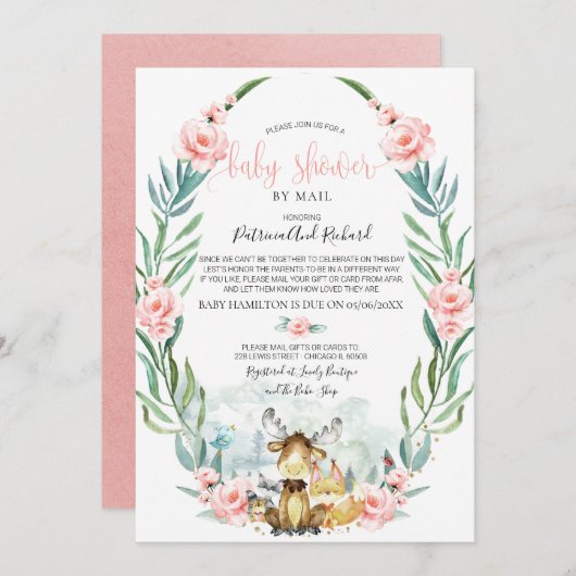 ウッドランドフローラグリーンリーベビーシャワーバイメール 招待状 (正面/裏面)