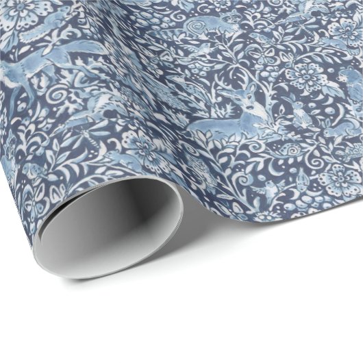 ウッドランドブルーキツネウサギ動物の森パターン ラッピングペーパー (ロールコーナー)