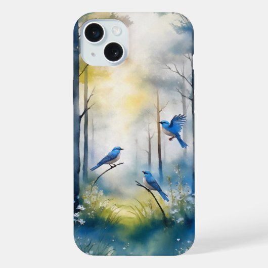 ウッドランドブルーバードの幻想的な森 iPhoneケース (裏面)