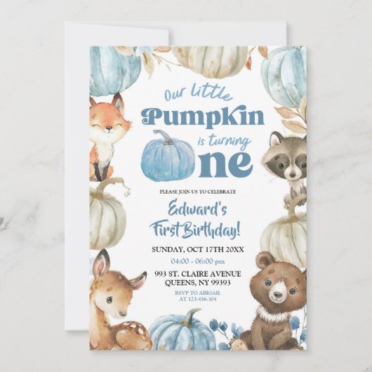 ウッドランドブルーボホーカンプキンボーイ1歳の誕生日 招待状 (正面)