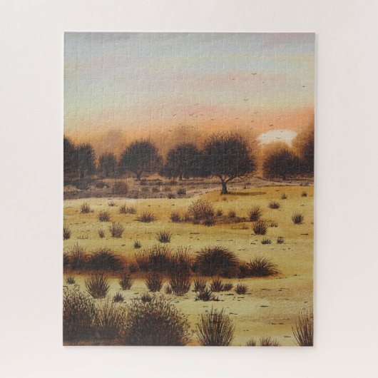 ウッドランドプレーンズの芸術作品に描かれた風光明媚な風景の夕日 ジグソーパズル (縦)