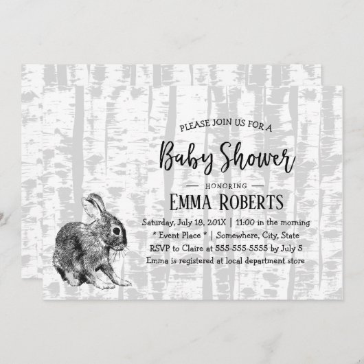 ウッドランドヘア樺の木ツリーズベビーシャワー 招待状 (正面/裏面)