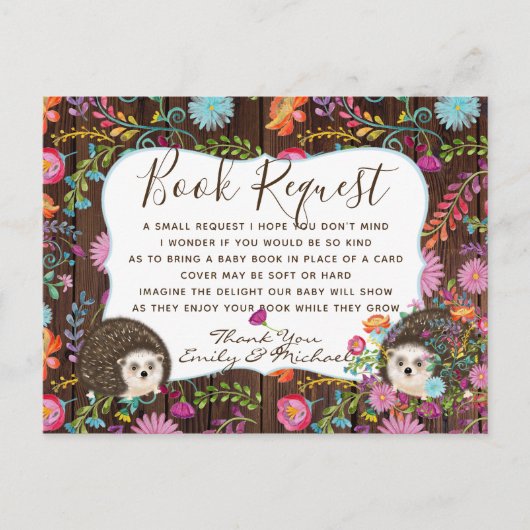 ウッドランドヘッジホッグブックリクエスト詩4赤ちゃんシャワー ポストカード (正面)