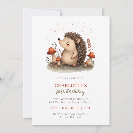 ウッドランドヘッジホッグマッシュルーム1st誕生日パーティー 招待状 (正面)