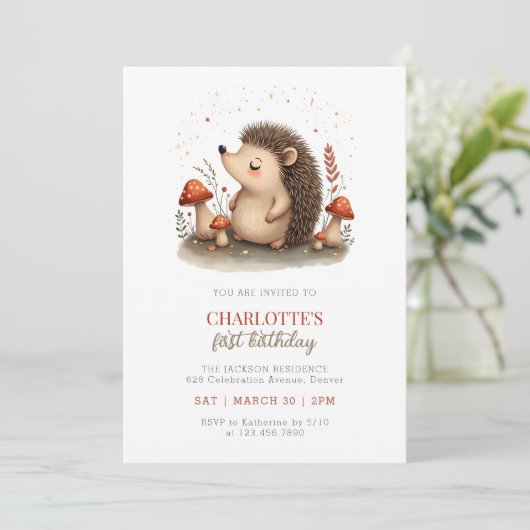 ウッドランドヘッジホッグマッシュルーム1st誕生日パーティー 招待状 (スタンド正面)