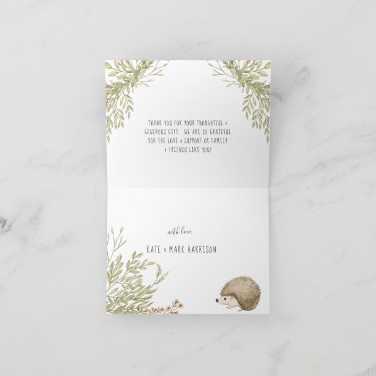 ウッドランドヘッジホッグ |森の赤ちゃんシャワーありがとう サンキューカード (内部)