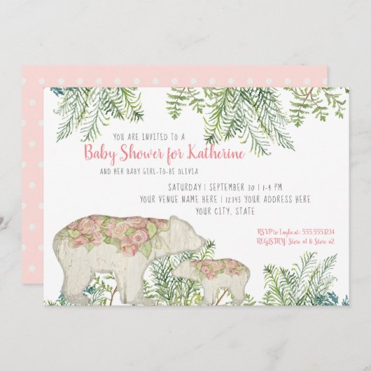 ウッドランドベアボホフローラベビーガールシャワー 招待状 (正面/裏面)