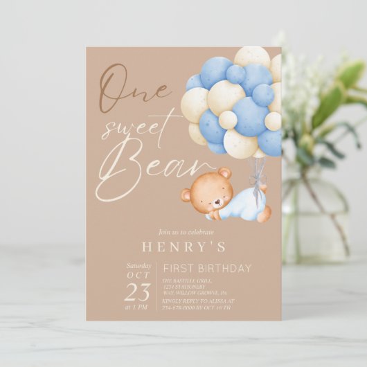 ウッドランドベアボーイ 1歳の誕生日パーティー パステル 招待状 (スタンド正面)