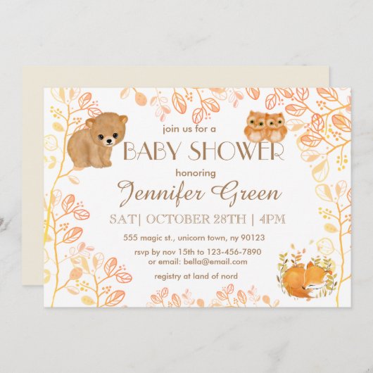 ウッドランドベアーフールキツネベビーシャワー招待状 招待状 (正面/裏面)