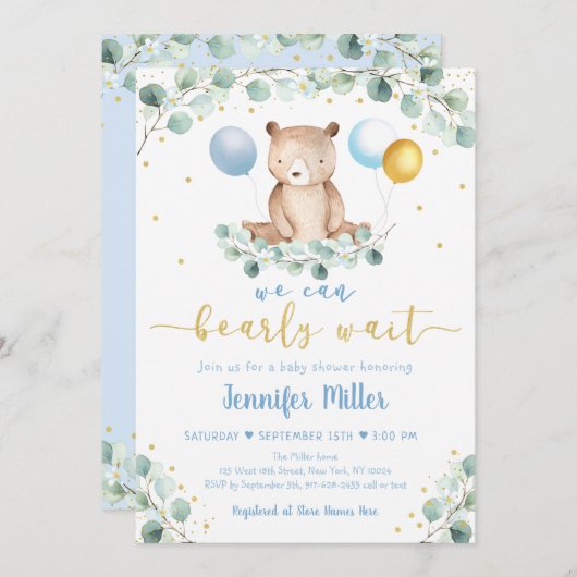 ウッドランドベアーブルー金ゴールド緑ベビーシャワー 招待状 (正面/裏面)