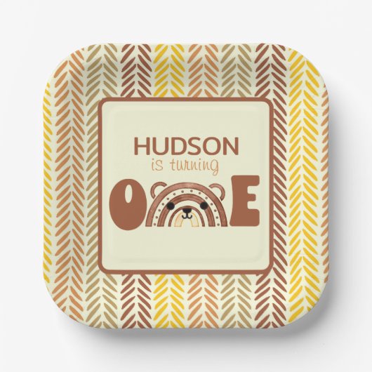 ウッドランドベアーボホーレインボーファースト誕生日 ペーパープレート (正面)