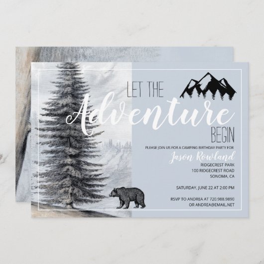 ウッドランドベアーボーイズキャンプ誕生日パーティー 招待状 (正面/裏面)