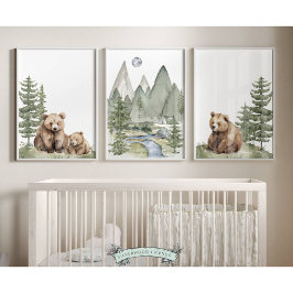 ウッドランドベア子供部屋プリント- 3セット