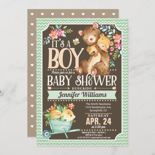 ウッドランドベア赤ちゃんシャワー招待状少年 招待状 (正面/裏面)