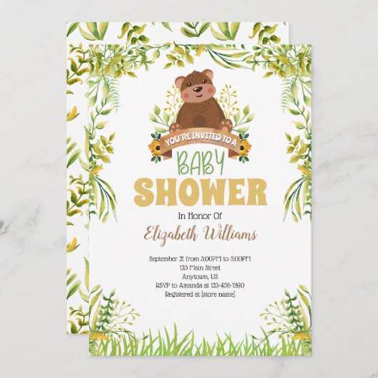 ウッドランドベア赤ちゃんシャワー招待状 招待状 (正面/裏面)